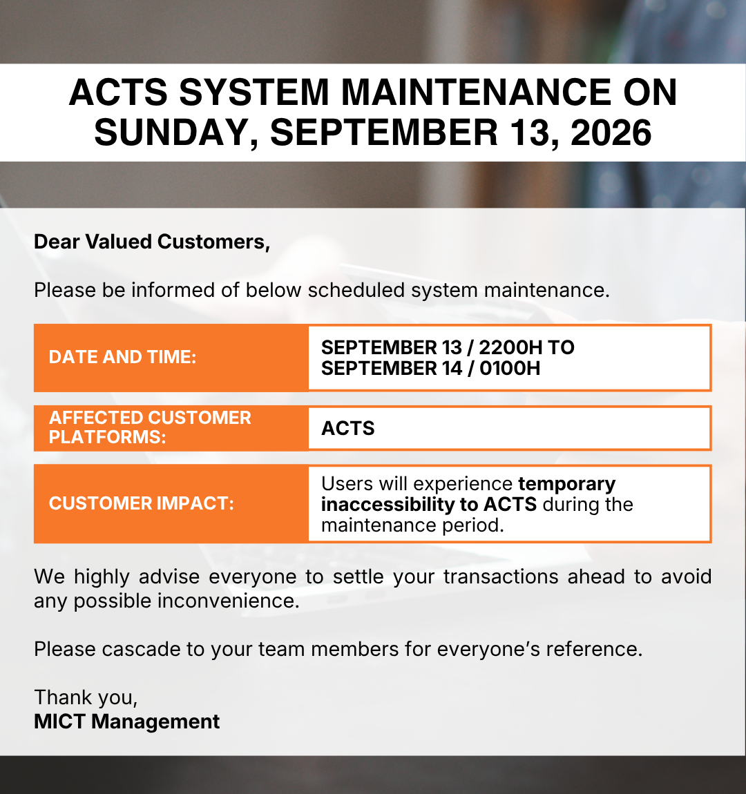Advisory ACTS System Maintenance on Sunday, September 13, 2026